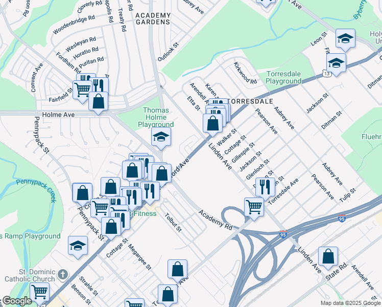map of restaurants, bars, coffee shops, grocery stores, and more near 9176 Frankford Avenue in Philadelphia