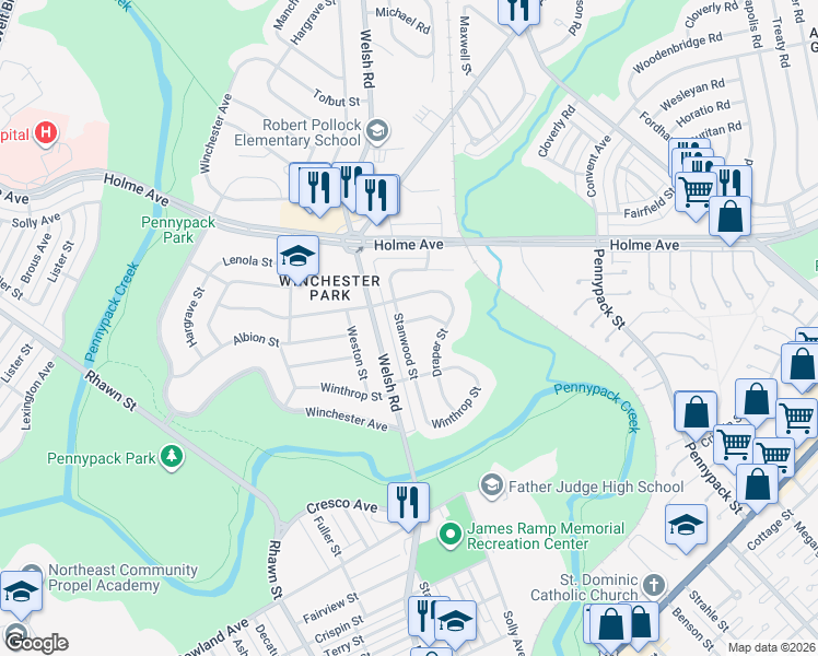 map of restaurants, bars, coffee shops, grocery stores, and more near 8201 Colfax Street in Philadelphia