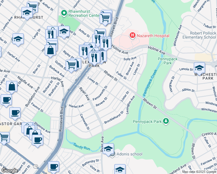 map of restaurants, bars, coffee shops, grocery stores, and more near 7909 Farnsworth Street in Philadelphia