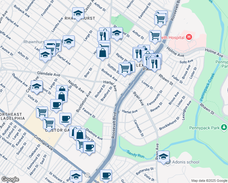 map of restaurants, bars, coffee shops, grocery stores, and more near 7753 Bradford Street in Philadelphia