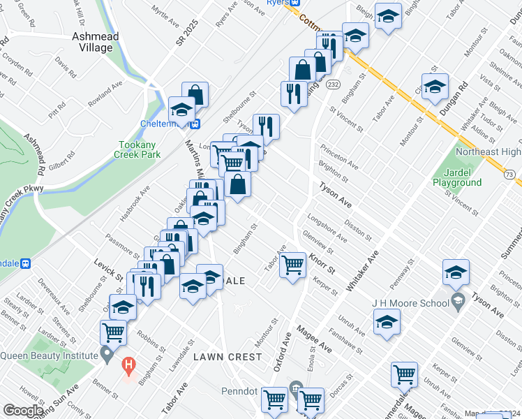 map of restaurants, bars, coffee shops, grocery stores, and more near 543 Glenview Street in Philadelphia