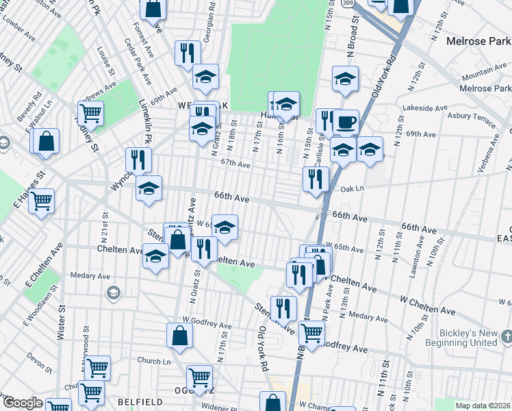 map of restaurants, bars, coffee shops, grocery stores, and more near 6610 North Smedley Street in Philadelphia