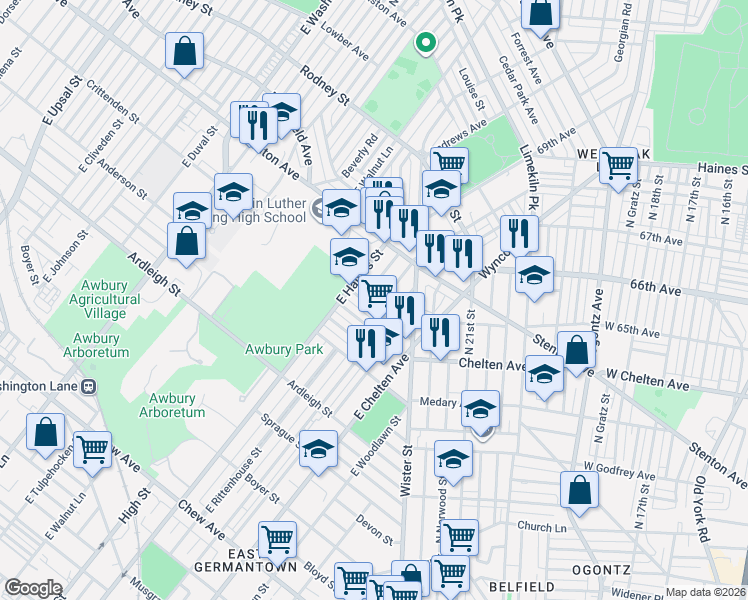 map of restaurants, bars, coffee shops, grocery stores, and more near 1338 Narragansett Street in Philadelphia
