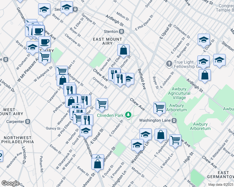 map of restaurants, bars, coffee shops, grocery stores, and more near 6630 Chew Avenue in Philadelphia