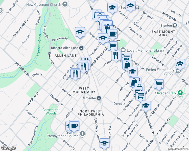 map of restaurants, bars, coffee shops, grocery stores, and more near 7000 Cresheim Road in Philadelphia