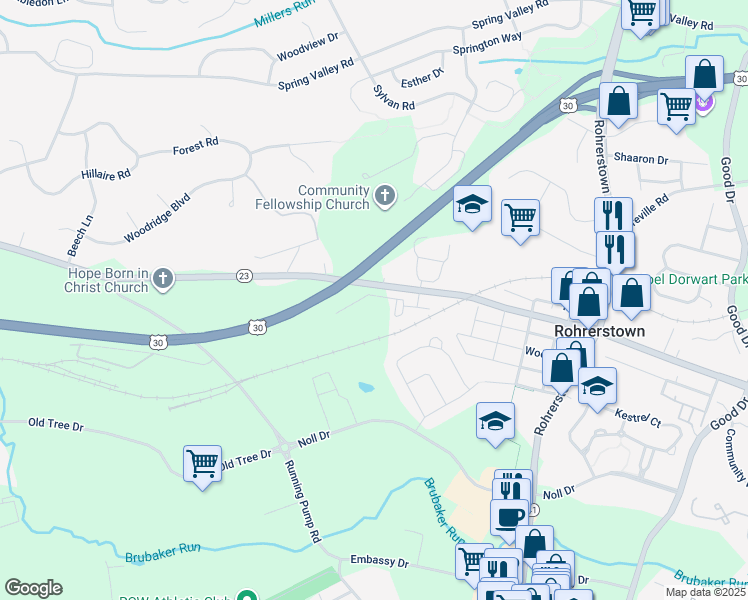 map of restaurants, bars, coffee shops, grocery stores, and more near 2450 Artesian Way in Lancaster