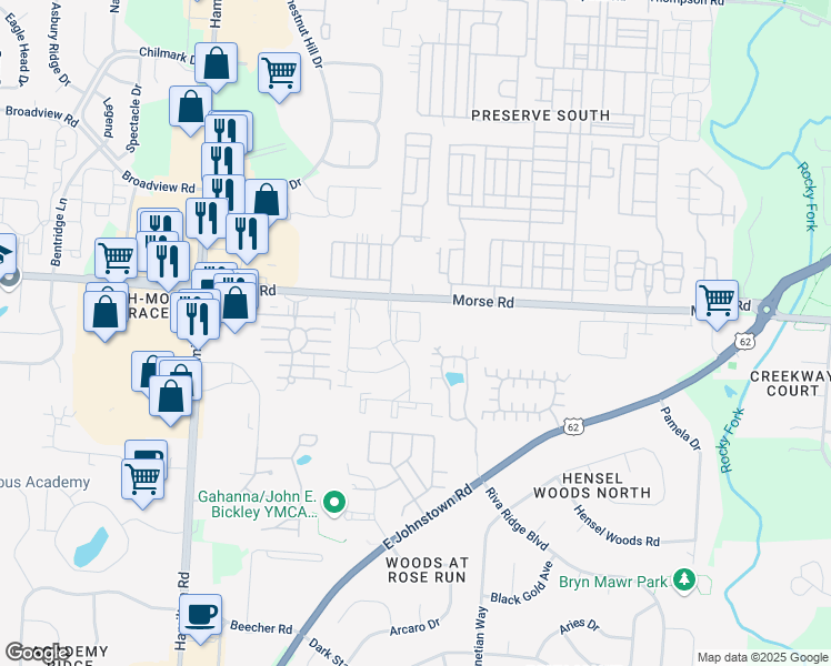 map of restaurants, bars, coffee shops, grocery stores, and more near 1400 Hollybrier Drive in Gahanna