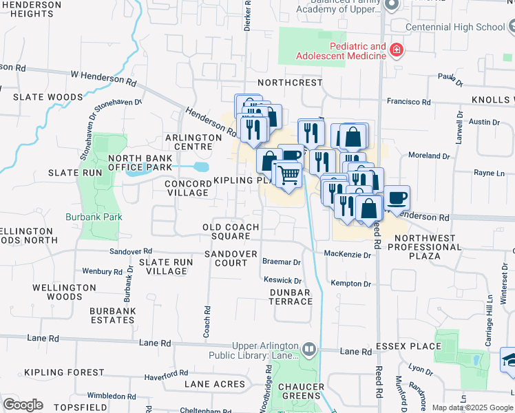map of restaurants, bars, coffee shops, grocery stores, and more near 4811 Nugent Drive in Columbus