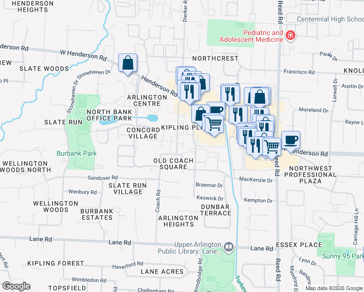 map of restaurants, bars, coffee shops, grocery stores, and more near 4829 Dierker Road in Columbus