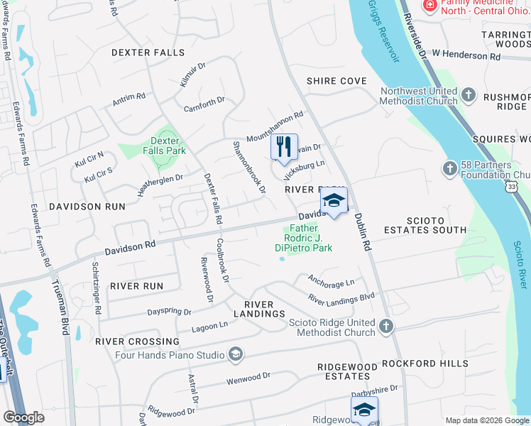 map of restaurants, bars, coffee shops, grocery stores, and more near 4933 McPartlan Court in Columbus