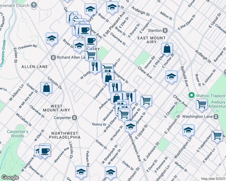 map of restaurants, bars, coffee shops, grocery stores, and more near 6769 Germantown Avenue in Philadelphia