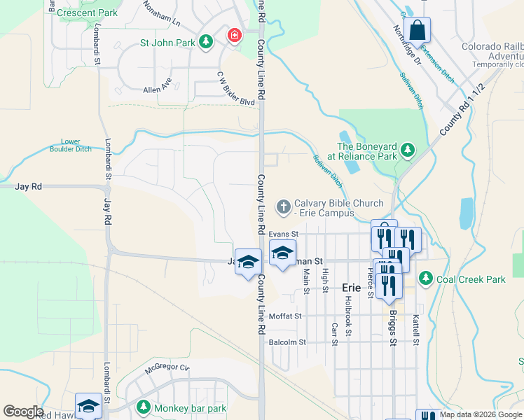 map of restaurants, bars, coffee shops, grocery stores, and more near 3800 E County Line Rd in Erie