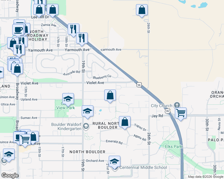 map of restaurants, bars, coffee shops, grocery stores, and more near 2180 Violet Avenue in Boulder