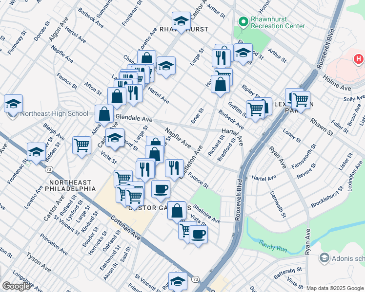 map of restaurants, bars, coffee shops, grocery stores, and more near 2218 Napfle St in Philadelphia