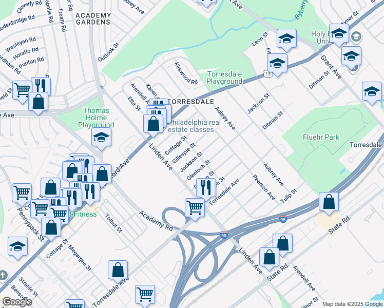 map of restaurants, bars, coffee shops, grocery stores, and more near 4430 Arendell Avenue in Philadelphia