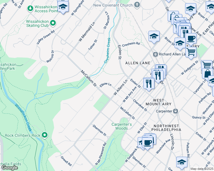 map of restaurants, bars, coffee shops, grocery stores, and more near 7308 Elbow Lane in Philadelphia