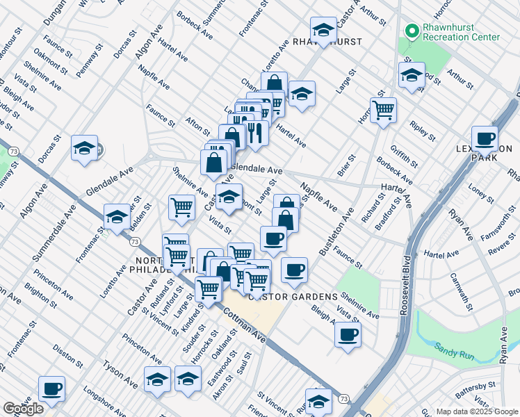 map of restaurants, bars, coffee shops, grocery stores, and more near 2103 Oakmont Street in Philadelphia