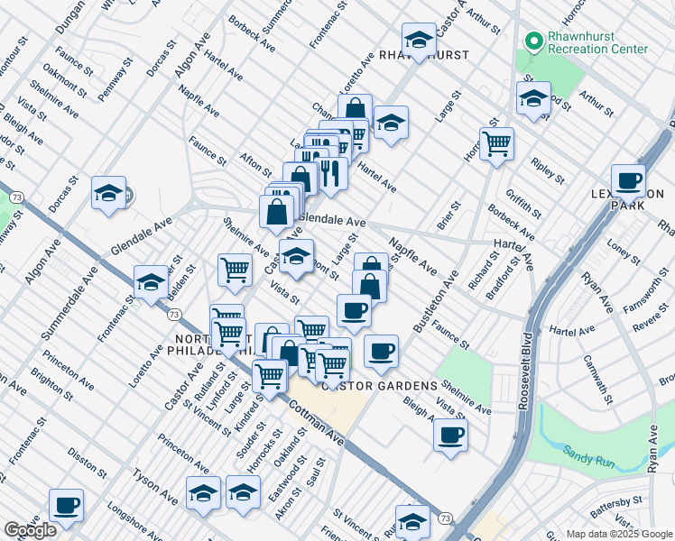 map of restaurants, bars, coffee shops, grocery stores, and more near 2103 Oakmont Street in Philadelphia