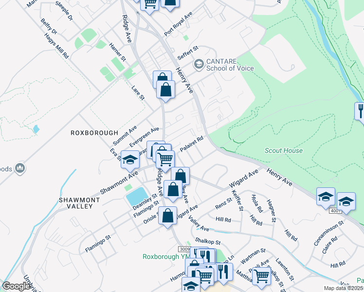 map of restaurants, bars, coffee shops, grocery stores, and more near 608 Palairet Road in Philadelphia