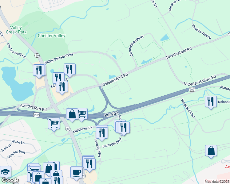 map of restaurants, bars, coffee shops, grocery stores, and more near 52 East Swedesford Road in Malvern
