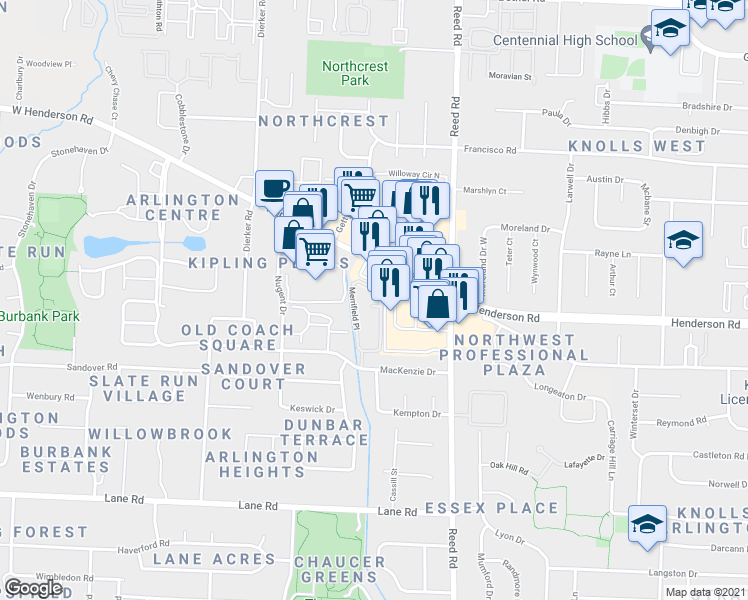 map of restaurants, bars, coffee shops, grocery stores, and more near 4778 Merrifield Place in Upper Arlington