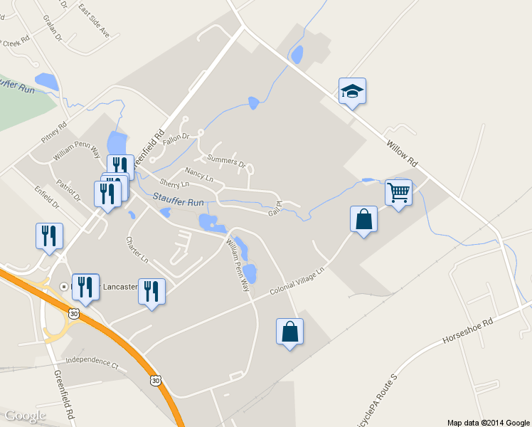 map of restaurants, bars, coffee shops, grocery stores, and more near 875 Gail Place in Lancaster