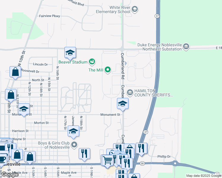 map of restaurants, bars, coffee shops, grocery stores, and more near 18111 Cumberland Road in Noblesville