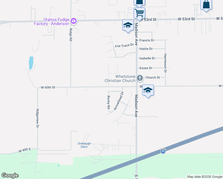 map of restaurants, bars, coffee shops, grocery stores, and more near 5943 Granite Drive in Anderson