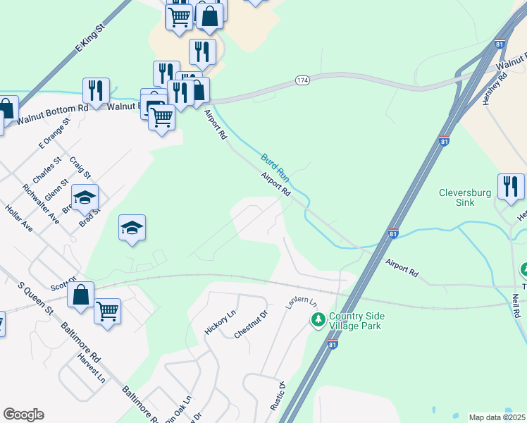 map of restaurants, bars, coffee shops, grocery stores, and more near 19 Burke Drive in Shippensburg