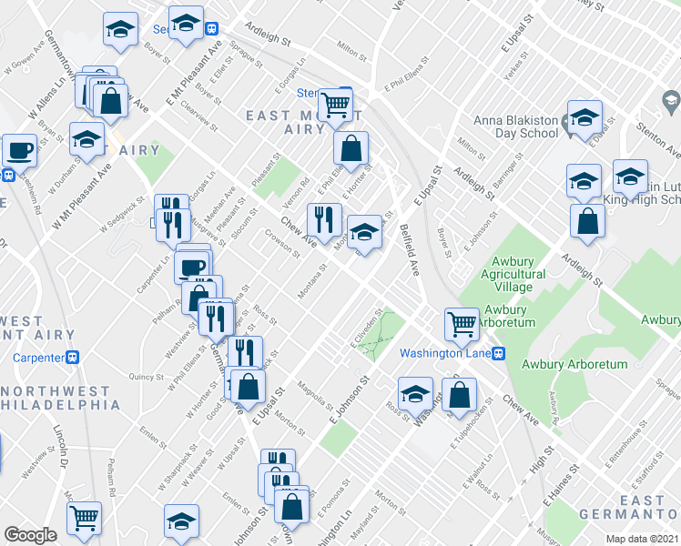 map of restaurants, bars, coffee shops, grocery stores, and more near 6538 Chew Avenue in Philadelphia