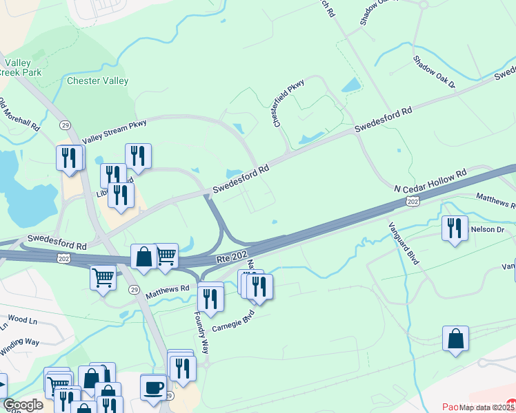 map of restaurants, bars, coffee shops, grocery stores, and more near 56 E Swedesford Road in Malvern