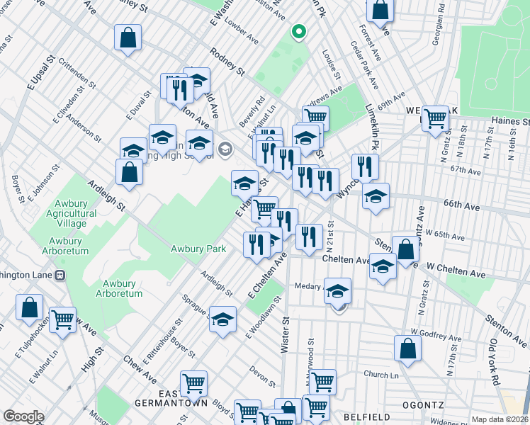 map of restaurants, bars, coffee shops, grocery stores, and more near 1338 Narragansett Street in Philadelphia