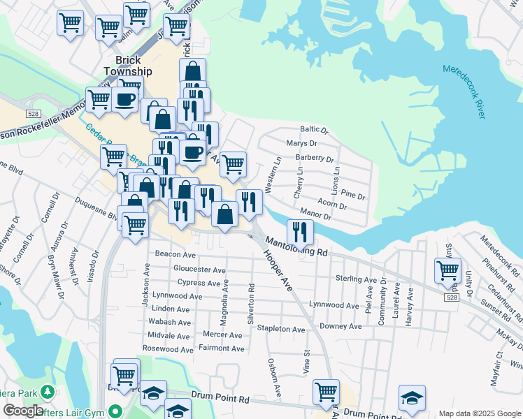 map of restaurants, bars, coffee shops, grocery stores, and more near 701 Manor Drive in Brick Township