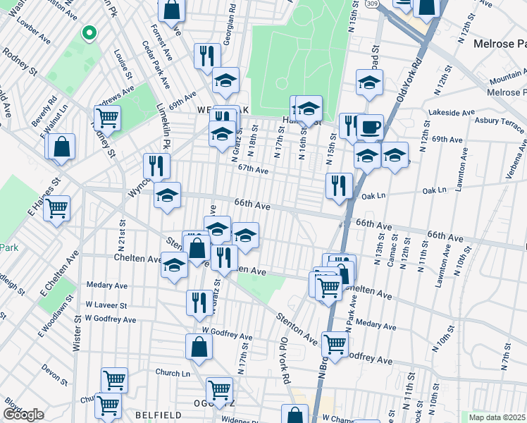 map of restaurants, bars, coffee shops, grocery stores, and more near 6552 North 17th Street in Philadelphia