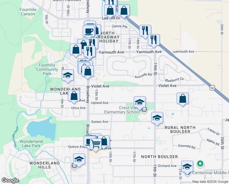map of restaurants, bars, coffee shops, grocery stores, and more near 1480 Violet Avenue in Boulder