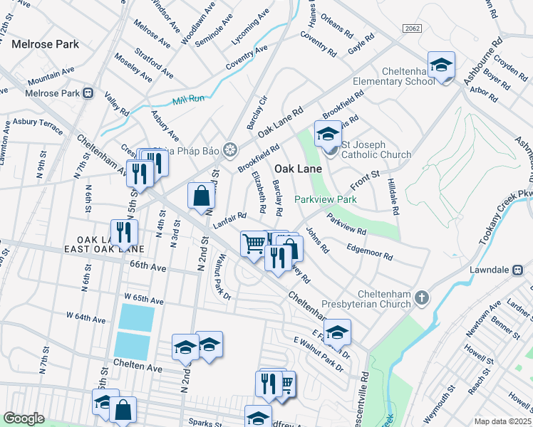 map of restaurants, bars, coffee shops, grocery stores, and more near 7411 Elizabeth Road in Melrose Park