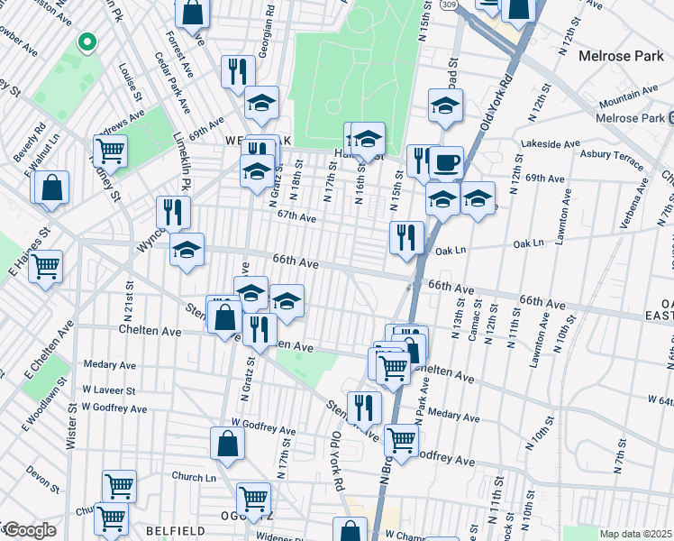 map of restaurants, bars, coffee shops, grocery stores, and more near 6559 North Smedley Street in Philadelphia