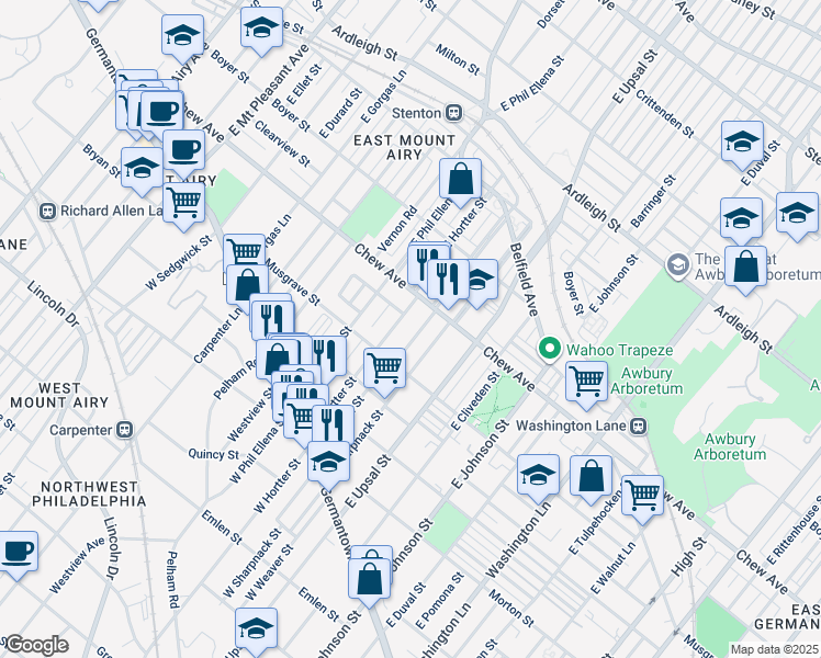 map of restaurants, bars, coffee shops, grocery stores, and more near East Montana Street in Philadelphia