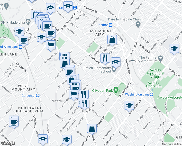 map of restaurants, bars, coffee shops, grocery stores, and more near 6673 Musgrave Street in Philadelphia