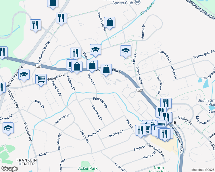 map of restaurants, bars, coffee shops, grocery stores, and more near 1403 Worthington Drive in Exton