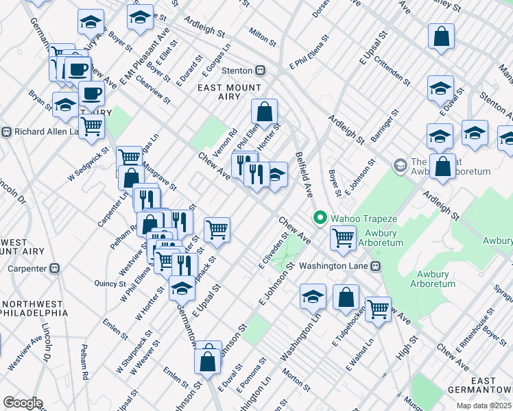 map of restaurants, bars, coffee shops, grocery stores, and more near 6538 Chew Avenue in Philadelphia