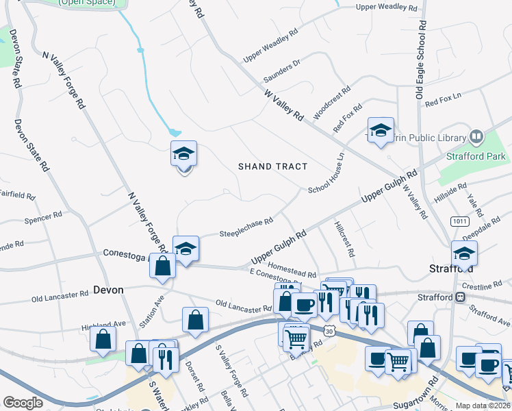 map of restaurants, bars, coffee shops, grocery stores, and more near 147 Hunters Lane in Devon