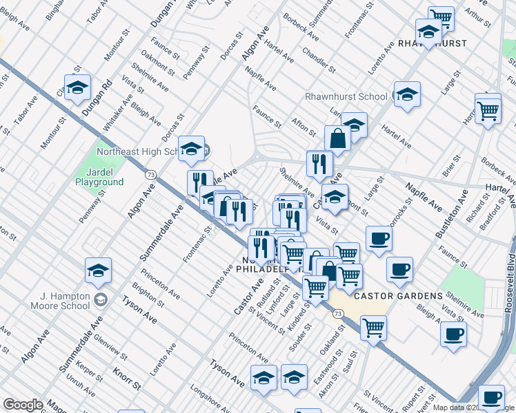 map of restaurants, bars, coffee shops, grocery stores, and more near 7347 Belden Street in Philadelphia