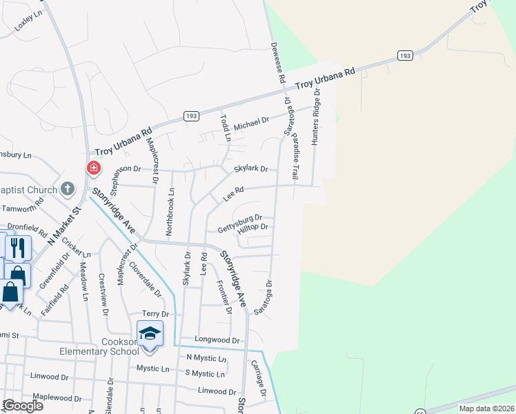 map of restaurants, bars, coffee shops, grocery stores, and more near 1367 Sheridan Court in Troy