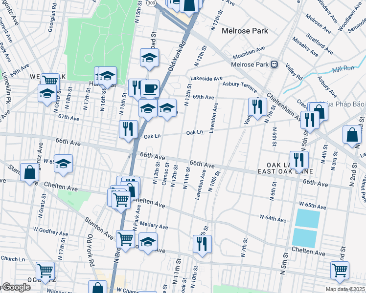 map of restaurants, bars, coffee shops, grocery stores, and more near 6621 North 21st Street in Philadelphia