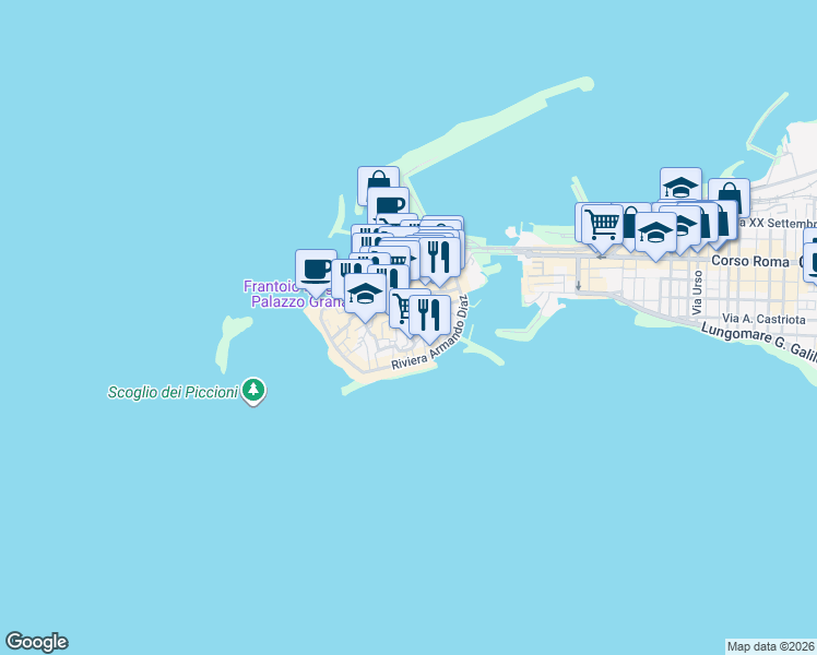 map of restaurants, bars, coffee shops, grocery stores, and more near 13 Via Cesare Battisti in Gallipoli
