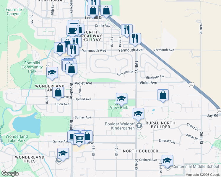 map of restaurants, bars, coffee shops, grocery stores, and more near 1678 Violet Avenue in Boulder