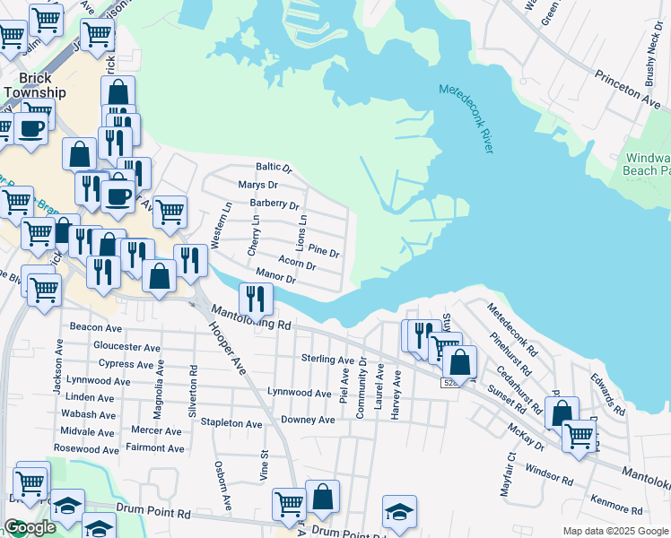 map of restaurants, bars, coffee shops, grocery stores, and more near 719 Eastern Lane in Brick Township