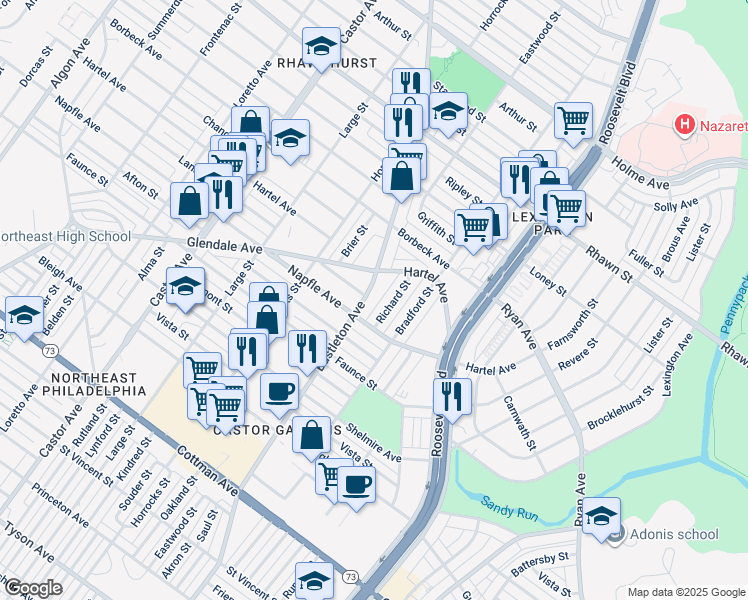 map of restaurants, bars, coffee shops, grocery stores, and more near 2300 Hartel Avenue in Philadelphia