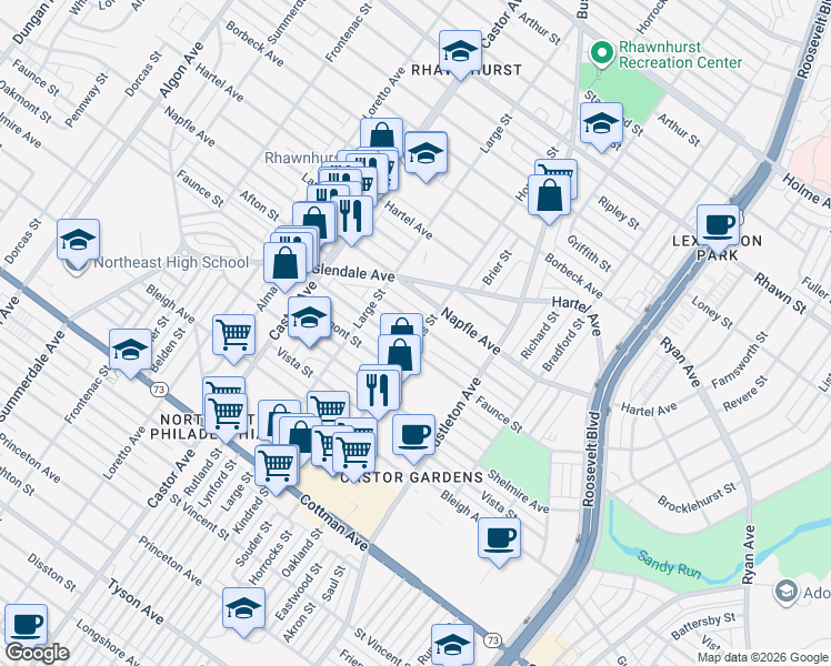 map of restaurants, bars, coffee shops, grocery stores, and more near 2122 Afton Street in Philadelphia